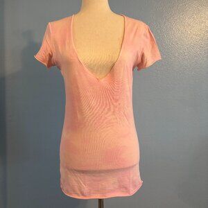 Pink Shirt - Short Sleeves - Deep V Neck - Long Length - Tight - Size Medium